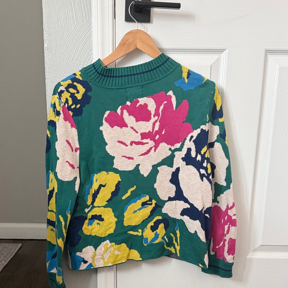Anthropologie Bold Floral Crew Neck Sweater - Green, Pink, Yellow